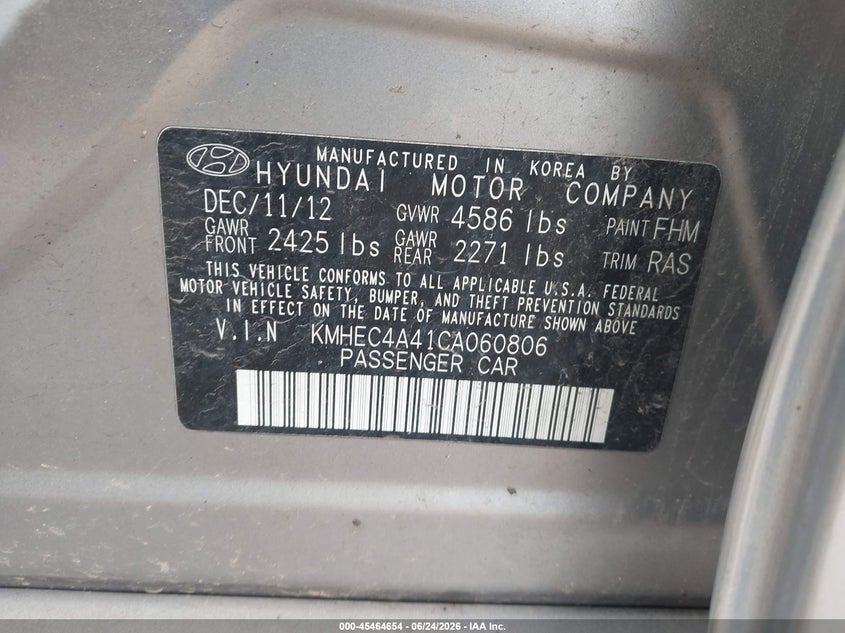 2012 Hyundai Sonata VIN KMHEC4A41CA060806 IAAI salvage auction — NORMAL WEAR, Clear (Illinois), sold $475 on 2026-07-29 (photo 9)