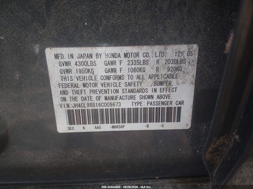 2006 Acura Tsx VIN JH4CL96816C009673 IAAI salvage auction — NORMAL WEAR, Clear (Virginia), sold $900 on 2026-07-14 (photo 9)