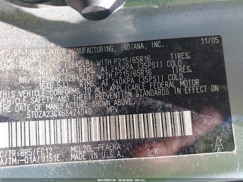 2006 Toyota Sienna VIN 5TDZA23CX6S424040 IAAI salvage auction — BIOHAZARD/CHEMICAL, Salvage - Greater Than 75% (Maryland), sold $475 on 2026-07-11 (photo 9)