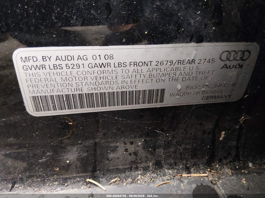 2008 Audi A6 VIN WAUDH74F08N095172 IAAI salvage auction — NORMAL WEAR, Clear (Rhode Island), sold $250 on 2026-07-07 (photo 9)