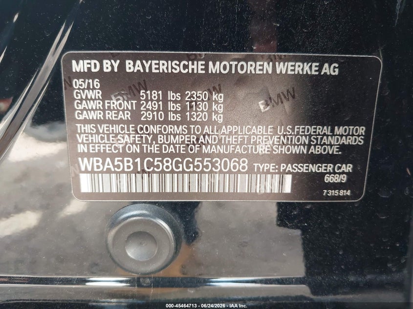 2016 BMW 5er VIN WBA5B1C58GG553068 IAAI salvage auction — WATER/FLOOD, Salvage (Texas), sold $2,700 on 2026-07-16 (photo 9)