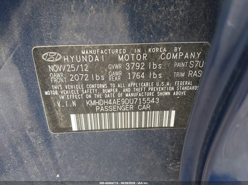 2013 Hyundai Elantra VIN KMHDH4AE9DU715543 IAAI salvage auction — NORMAL WEAR, Certificate Of Title (Nebraska), sold $475 on 2026-07-30 (photo 9)