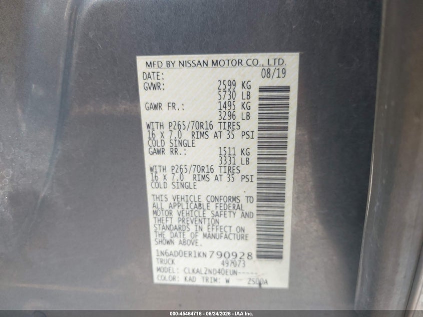 2019 Nissan Navara (frontier) VIN 1N6AD0ER1KN790928 IAAI salvage auction — RIGHT REAR, Salvage (Indiana), sold $4,850 on 2026-09-05 (photo 9)