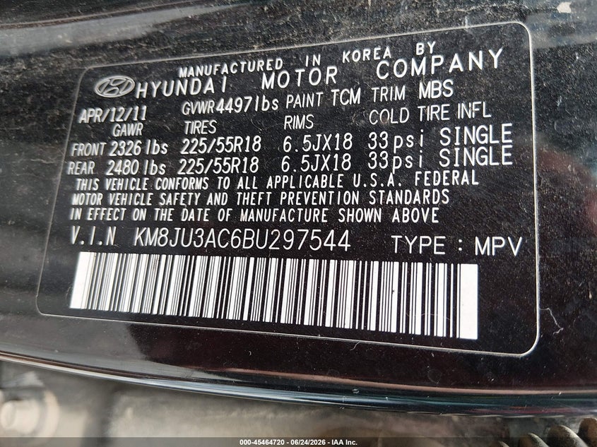 2011 Hyundai Tucson VIN KM8JU3AC6BU297544 IAAI salvage auction — FRONT END, Salvage (Mississippi), sold $600 on 2026-07-17 (photo 9)