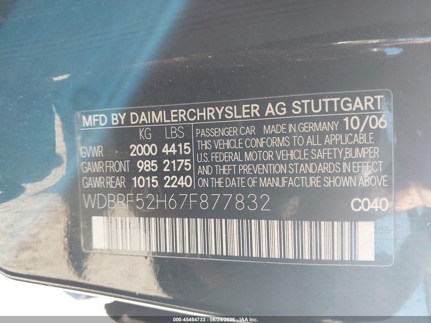 2007 Mercedes-benz C class VIN WDBRF52H67F877832 IAAI salvage auction — REAR END, Salvage (Georgia), sold $275 on 2026-07-23 (photo 9)