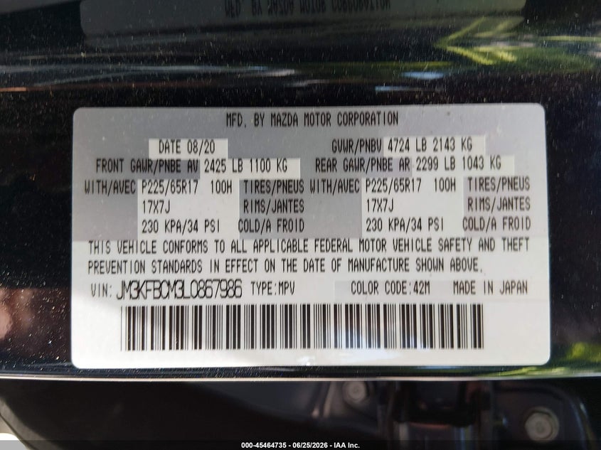 2020 Mazda Cx-5 VIN JM3KFBCM3L0867986 IAAI salvage auction — FRONT END, Salvage Title, sold $3,750 on 2026-07-23 (photo 9)