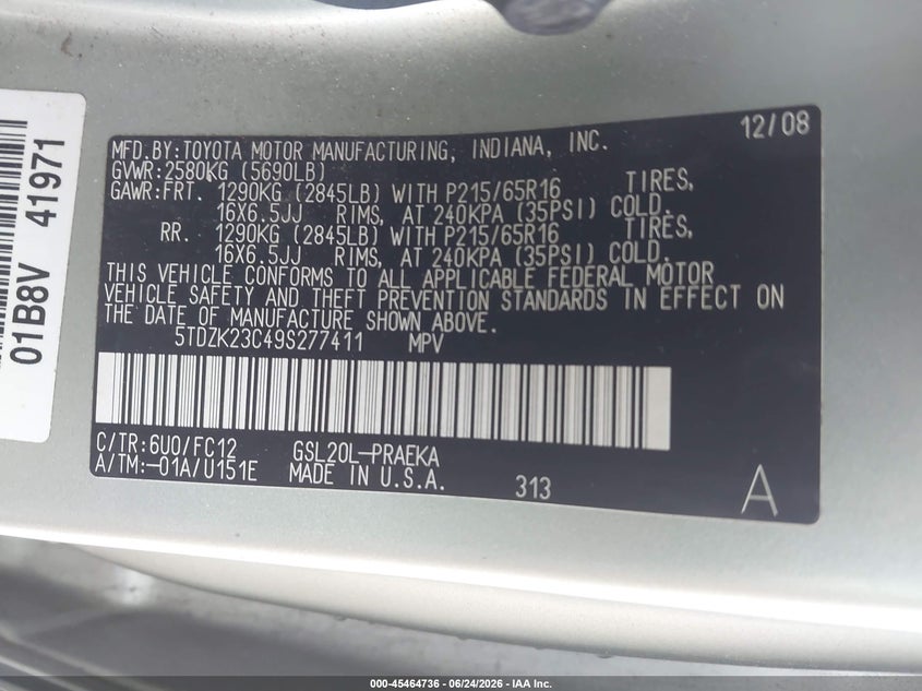 2009 Toyota Sienna VIN 5TDZK23C49S277411 IAAI salvage auction — LEFT SIDE, Salvage (Georgia), sold $825 on 2026-08-02 (photo 9)