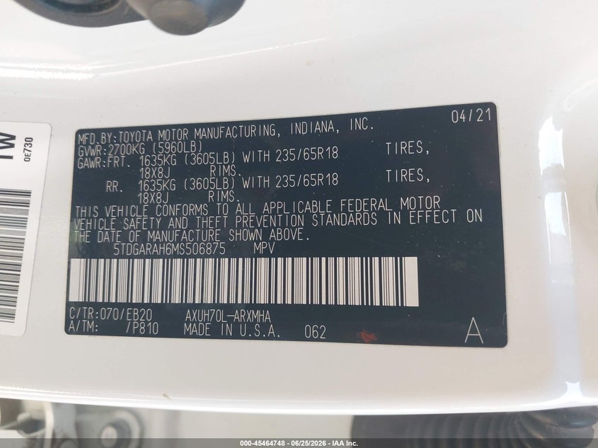 2021 Toyota Highlander VIN 5TDGARAH6MS506875 IAAI salvage auction — LEFT SIDE, Salvage (Louisiana), sold $15,000 on 2026-07-16 (photo 9)