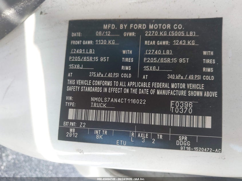2012 Ford Transit connect VIN NM0LS7AN4CT116022 IAAI salvage auction — MECHANICAL, Clear (Florida), sold $1,300 on 2026-07-30 (photo 9)