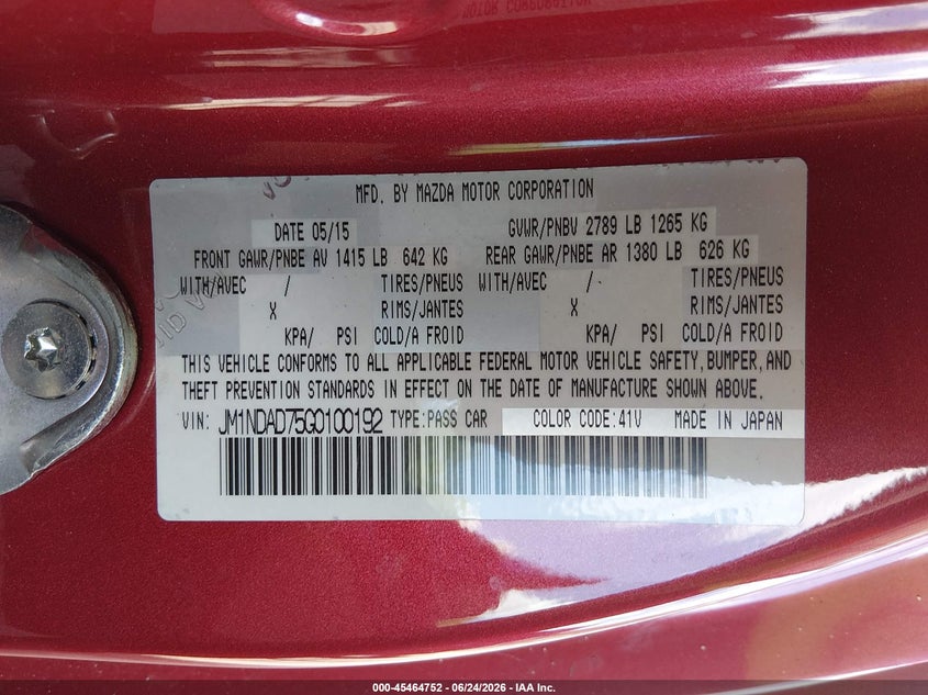 2016 Mazda Mx-5 VIN JM1NDAD75G0100192 IAAI salvage auction — FRONT END, Salvage Title, sold $3,550 on 2026-07-30 (photo 9)