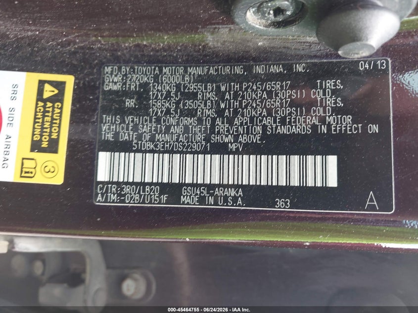 2013 Toyota Highlander VIN 5TDBK3EH7DS229071 IAAI salvage auction — LEFT & RIGHT, Salvage Title, sold $3,200 on 2026-07-23 (photo 9)