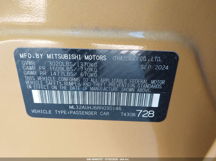 2024 Mitsubishi Mirage VIN ML32AUHJ6RH030146 IAAI salvage auction — REAR END, Enterprise Vehicles Clear Only (Florida), sold $5,325 on 2026-07-14 (photo 9)