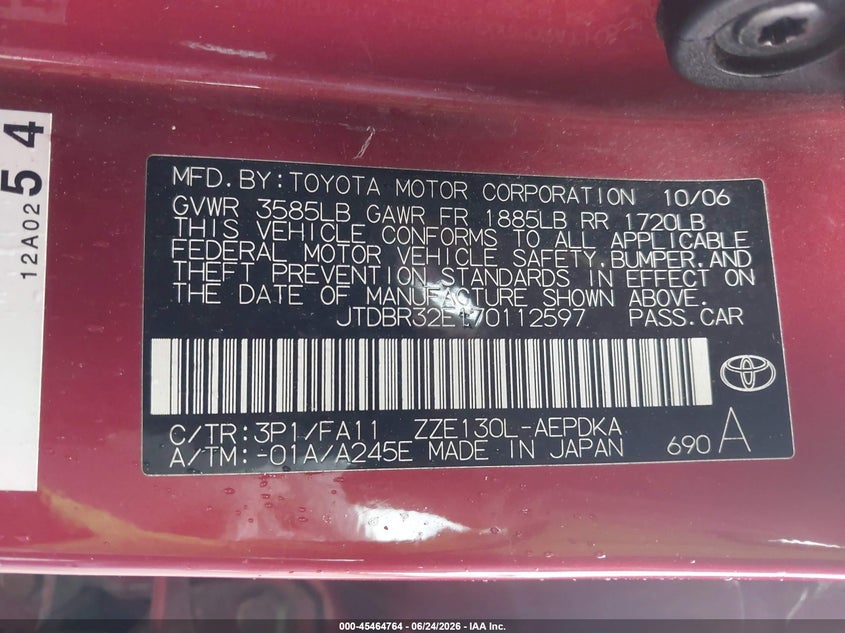 2007 Toyota Corolla VIN JTDBR32E170112597 IAAI salvage auction — SIDE, Salvage (Texas), sold $550 on 2026-07-28 (photo 9)
