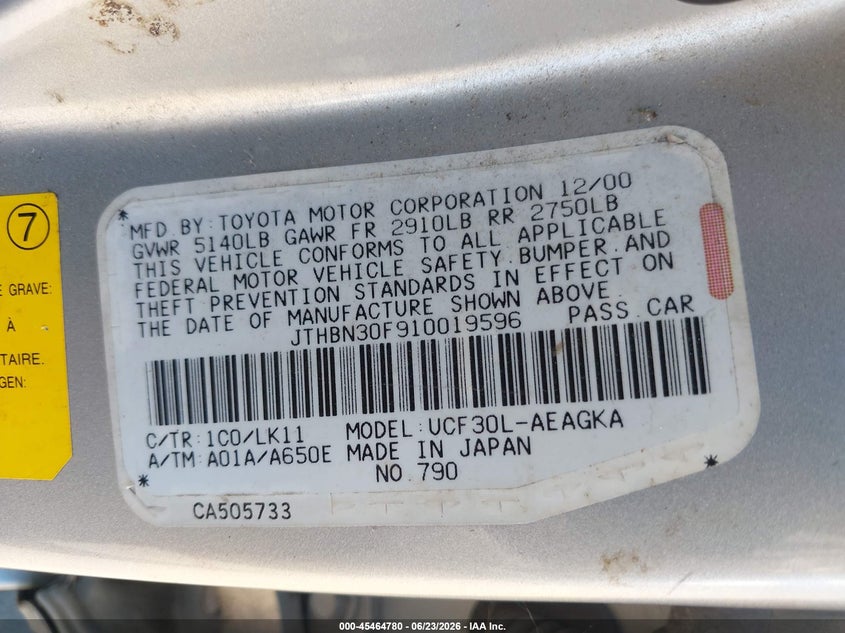 2001 Lexus Ls VIN JTHBN30F910019596 IAAI salvage auction — NORMAL WEAR, Clear - Dealer Only (California), sold $675 on 2026-07-15 (photo 9)