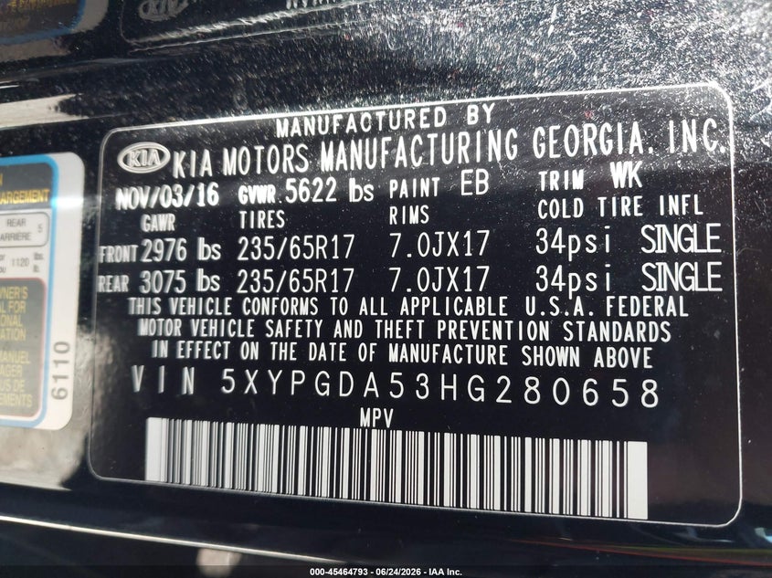 2017 Kia Sorento VIN 5XYPGDA53HG280658 IAAI salvage auction — NORMAL WEAR, Clear (New Jersey), sold $2,375 on 2026-07-30 (photo 9)
