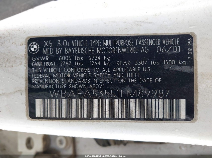 2001 BMW X5 VIN WBAFA53551LM89987 IAAI salvage auction — NORMAL WEAR, Clear (Utah), sold $100 on 2026-07-29 (photo 9)