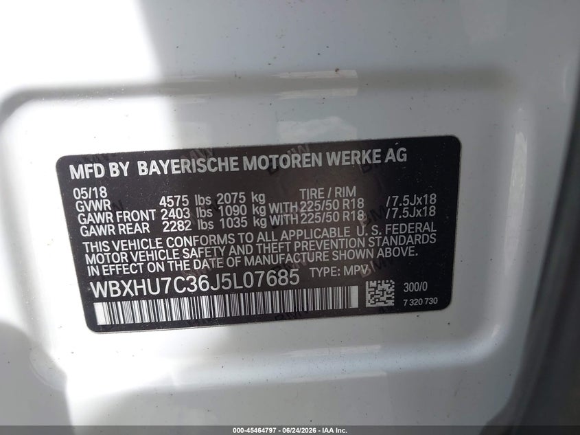 2018 BMW X1 VIN WBXHU7C36J5L07685 IAAI salvage auction — REAR END, Salvage Title, sold $4,550 on 2026-08-01 (photo 9)