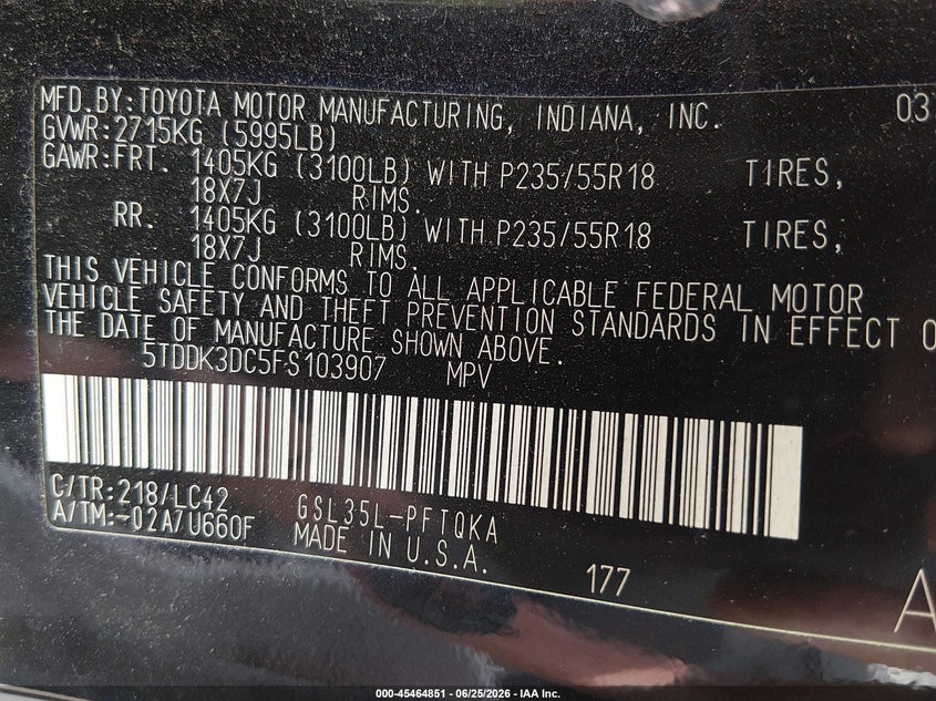 2015 Toyota Sienna VIN 5TDDK3DC5FS103907 IAAI salvage auction — RIGHT FRONT, Clear (Wisconsin), sold $1,900 on 2026-07-22 (photo 9)