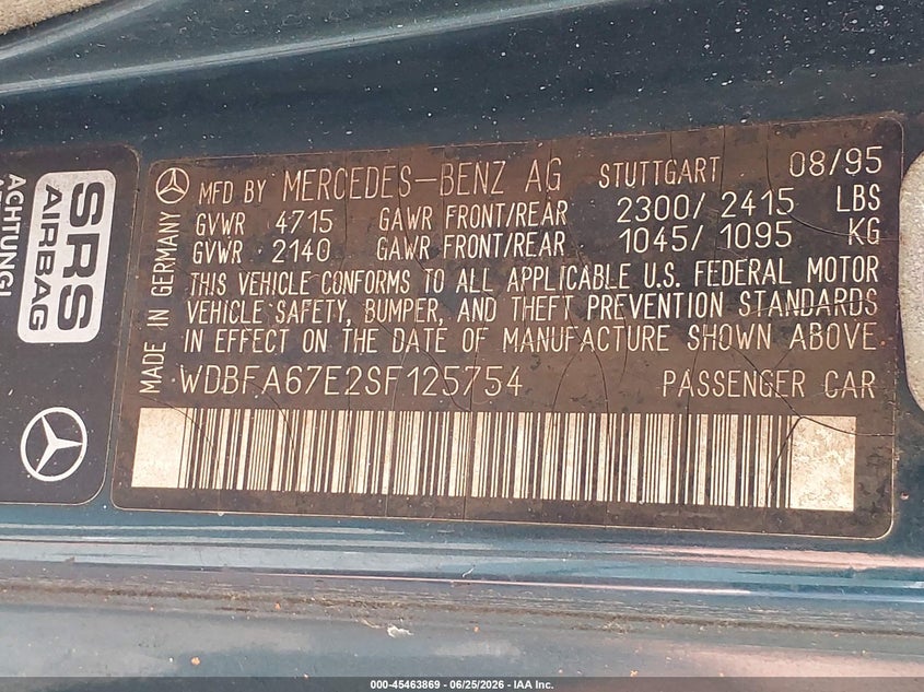 1995 Mercedes-benz Sl-class VIN WDBFA67E2SF125754 IAAI salvage auction — NORMAL WEAR, Clear (Louisiana), sold $975 on 2026-07-28 (photo 9)