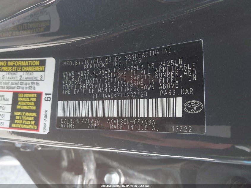 2026 Toyota Camry VIN 4T1DAACK7TU237420 IAAI salvage auction — FRONT END, Salvage Title, sold $12,150 on 2026-10-04 (photo 9)