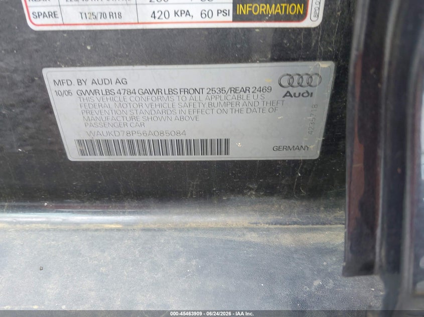 2006 Audi A3 VIN WAUKD78P56A085084 IAAI salvage auction — NORMAL WEAR, Original (Kentucky), sold $25 on 2026-07-21 (photo 9)