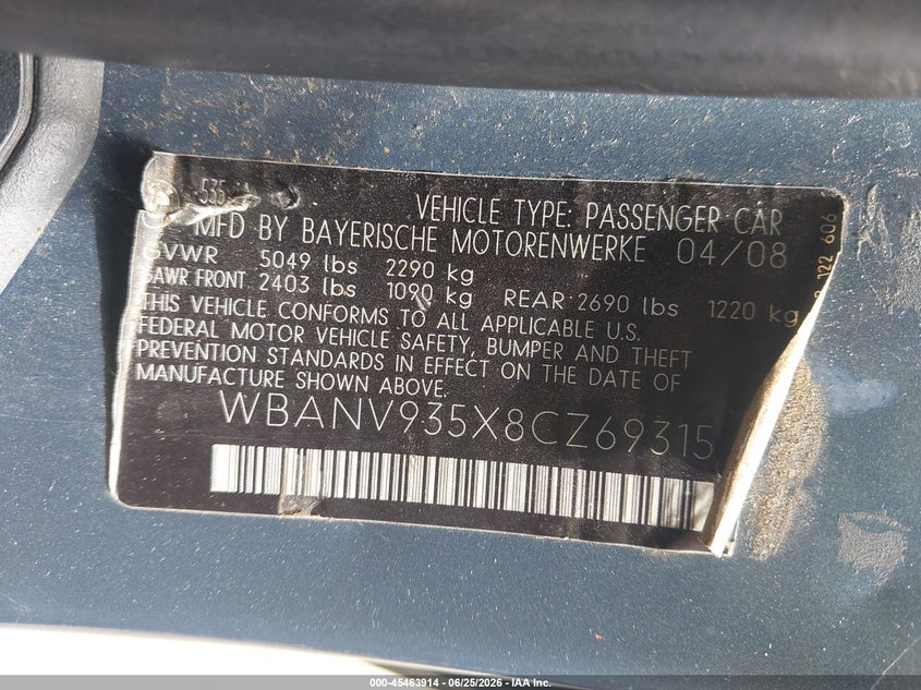 2008 BMW 5 series VIN WBANV935X8CZ69315 IAAI salvage auction — RIGHT FRONT, Salvage (Rhode Island), sold $25 on 2026-07-28 (photo 9)