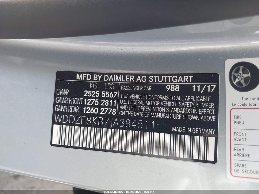 2018 Mercedes-benz VIN WDDZF8KB7JA384511 IAAI salvage auction — REAR END, Salvage (Virginia), sold $23,050 on 2026-07-20 (photo 9)