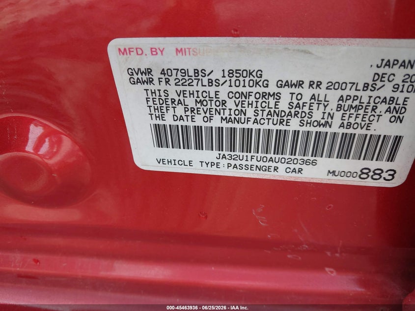 2010 Mitsubishi Lancer VIN JA32U1FU0AU020366 IAAI salvage auction — INTERIOR BURN, Mv-907A (New York), sold $225 on 2026-07-07 (photo 9)