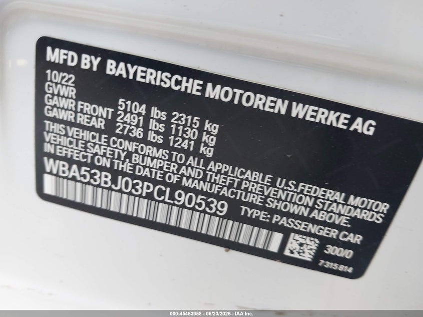 2023 BMW VIN WBA53BJ03PCL90539 IAAI salvage auction — FRONT END, Salvage Title, sold $24,000 on 2026-07-18 (photo 9)