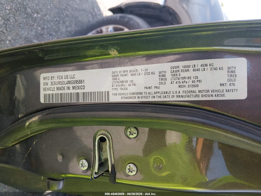 2021 Ram 2500 VIN 3C6UR5DL4MG695861 IAAI salvage auction — REAR END, Salvage Title, sold $8,500 on 2026-07-29 (photo 9)