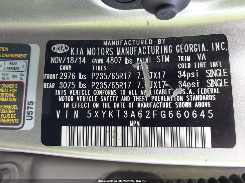 2015 Kia Sorento VIN 5XYKT3A62FG660645 IAAI salvage auction — FRONT END, Salvage (Georgia), sold $825 on 2026-07-26 (photo 9)