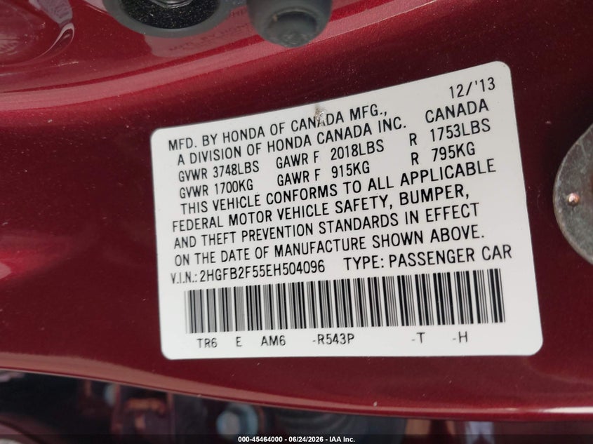 2014 Honda Civic VIN 2HGFB2F55EH504096 IAAI salvage auction — WATER/FLOOD, Salvage (Texas), sold $3,800 on 2026-07-10 (photo 9)