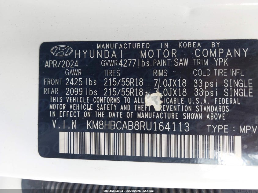 2024 Hyundai Kona VIN KM8HBCAB8RU164113 IAAI salvage auction — SIDE, Salvage (North Carolina), sold $8,425 on 2026-08-19 (photo 9)