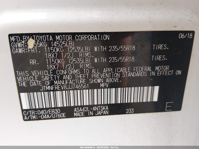 2018 Toyota Rav 4 VIN JTMNFREV8JJ746561 IAAI salvage auction — WATER/FLOOD, Salvage Title, sold $6,100 on 2026-07-29 (photo 9)