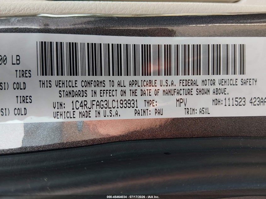 2020 Jeep Grand cherokee VIN 1C4RJFAG3LC193931 IAAI salvage auction — NORMAL WEAR, SF97 (Maryland), sold $13,500 on 2026-08-31 (photo 9)