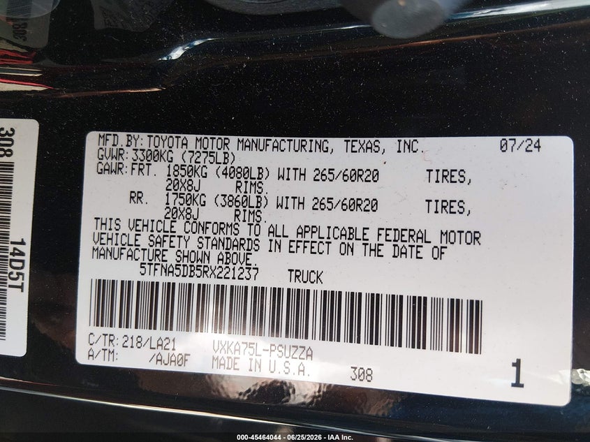 2024 Toyota Tundra VIN 5TFNA5DB5RX221237 IAAI salvage auction — FRONT END, Salvage (Massachusetts), sold $16,800 on 2026-07-28 (photo 9)