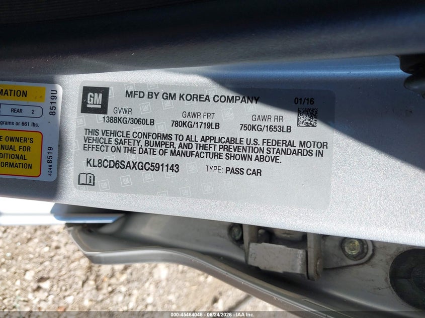 2016 Chevrolet Spark VIN KL8CD6SAXGC591143 IAAI salvage auction — ROOF, Salvage (Ohio), sold $1,050 on 2026-07-12 (photo 9)