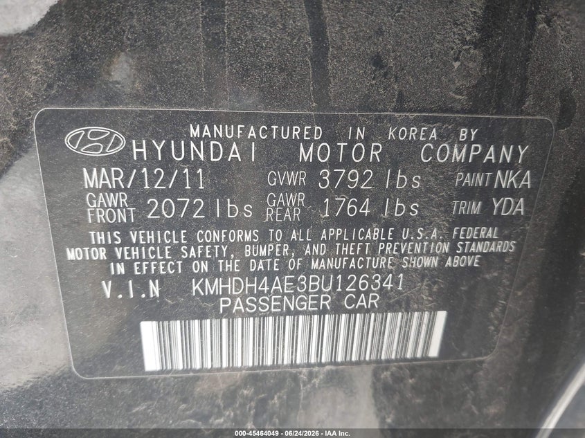 2011 Hyundai Elantra VIN KMHDH4AE3BU126341 IAAI salvage auction — LEFT FRONT, Mv-907A (New York), sold $375 on 2026-07-09 (photo 9)
