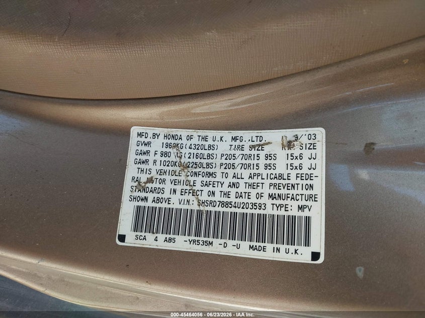 2004 Honda Cr-v VIN SHSRD78854U203593 IAAI salvage auction — NORMAL WEAR, Clear (North Carolina), sold $600 on 2026-07-24 (photo 9)