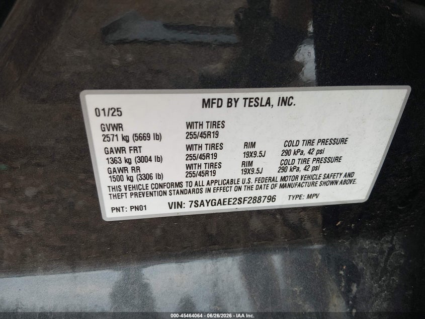 2025 Tesla Model y VIN 7SAYGAEE2SF288796 IAAI salvage auction — REAR END, Wait Title, sold $13,700 on 2026-07-31 (photo 9)