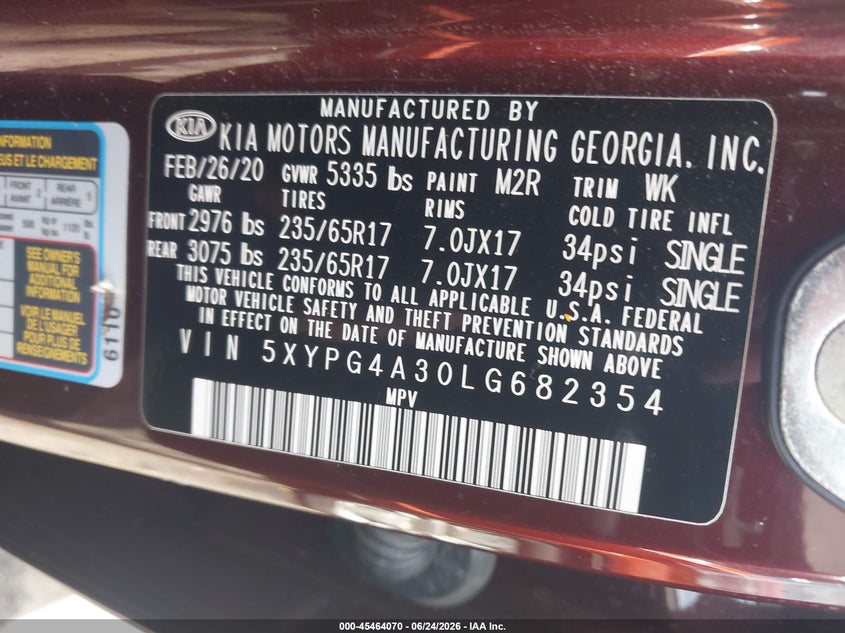 2020 Kia Sorento VIN 5XYPG4A30LG682354 IAAI salvage auction — FRONT END, Salvage (North Carolina), sold $5,000 on 2026-07-22 (photo 9)
