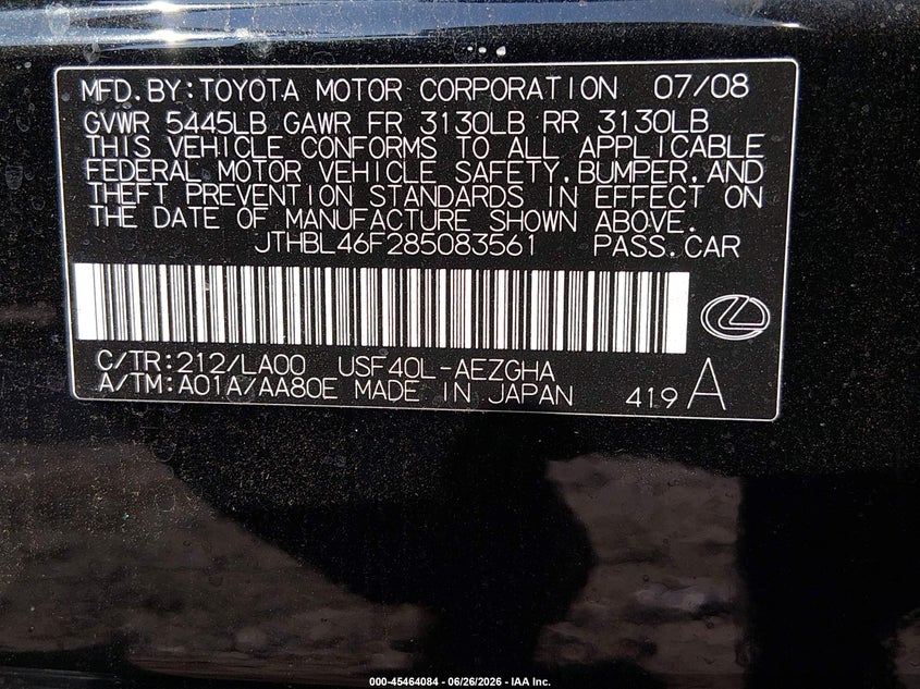 2008 Lexus Ls 460 VIN JTHBL46F285083561 IAAI salvage auction — NORMAL WEAR, Clear (Georgia), sold $975 on 2026-07-10 (photo 9)