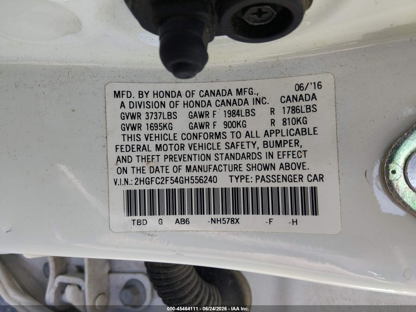 2016 Honda Civic VIN 2HGFC2F54GH556240 IAAI salvage auction — FRONT END, Salvage Title, sold $3,000 on 2026-07-26 (photo 9)