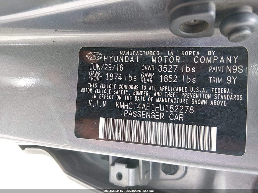 2017 Hyundai Accent VIN KMHCT4AE1HU182278 IAAI salvage auction — FRONT END, Salvage Title, sold $900 on 2026-07-31 (photo 9)