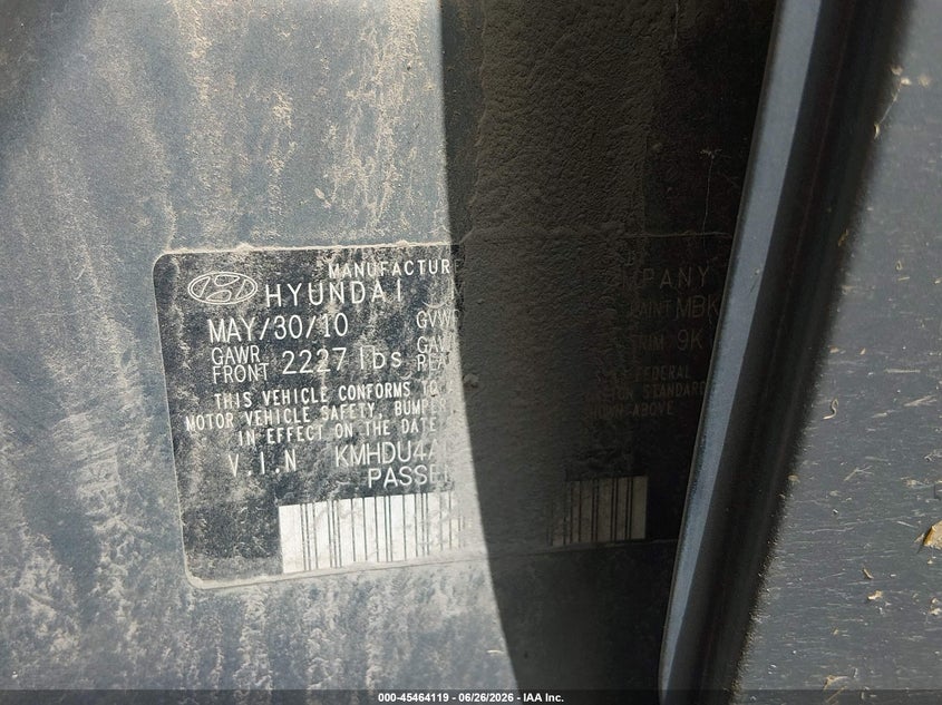 2010 Hyundai Elantra VIN KMHDU4AD5AU111907 IAAI salvage auction — NORMAL WEAR, Clear (Oklahoma), sold $425 on 2026-07-07 (photo 9)