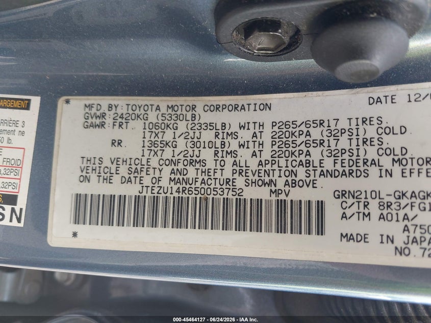 2005 Toyota 4runner VIN JTEZU14R650053752 IAAI salvage auction — RIGHT FRONT, Clear (South Carolina), sold $2,650 on 2026-07-28 (photo 9)