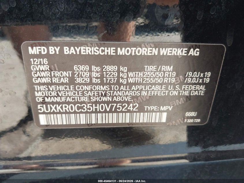 2017 BMW X5 VIN 5UXKR0C35H0V75242 IAAI salvage auction — FRONT END, Salvage Title, sold $4,000 on 2026-07-28 (photo 9)