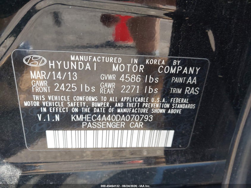 2013 Hyundai Sonata VIN KMHEC4A40DA070793 IAAI salvage auction — REAR END, Mv-907A (New York), sold $450 on 2026-07-07 (photo 9)