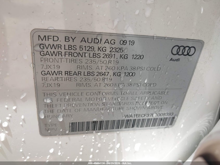 2020 Audi Q3 VIN WA1EECF37L1009393 IAAI salvage auction — FRONT END, Salvage (Alabama), sold $9,400 on 2026-07-14 (photo 9)