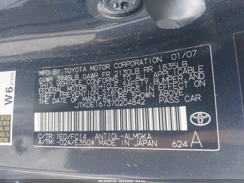 2007 Scion Tc VIN JTKDE167370204842 IAAI salvage auction — SIDE, Mv-907A (New York), sold $475 on 2026-07-07 (photo 9)